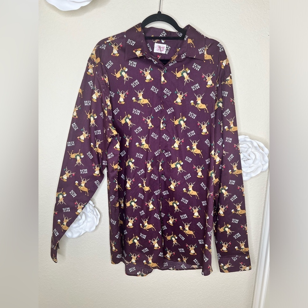 North Pole Trading Co Holiday Beer Reindeers Button Down Shirt Sz XL Tall